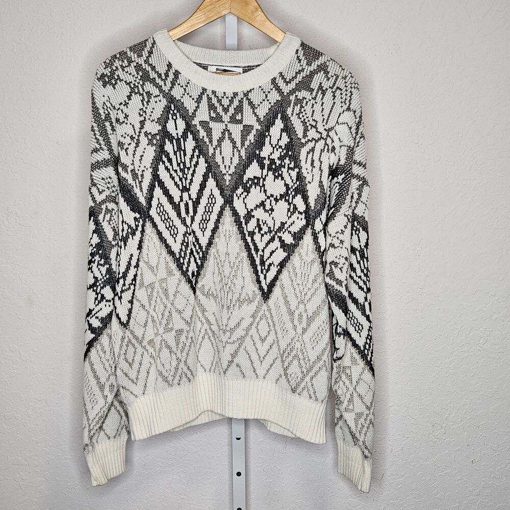 Vintage Expressions Black White Geometric Floral Knit Sweater‎ Size Large